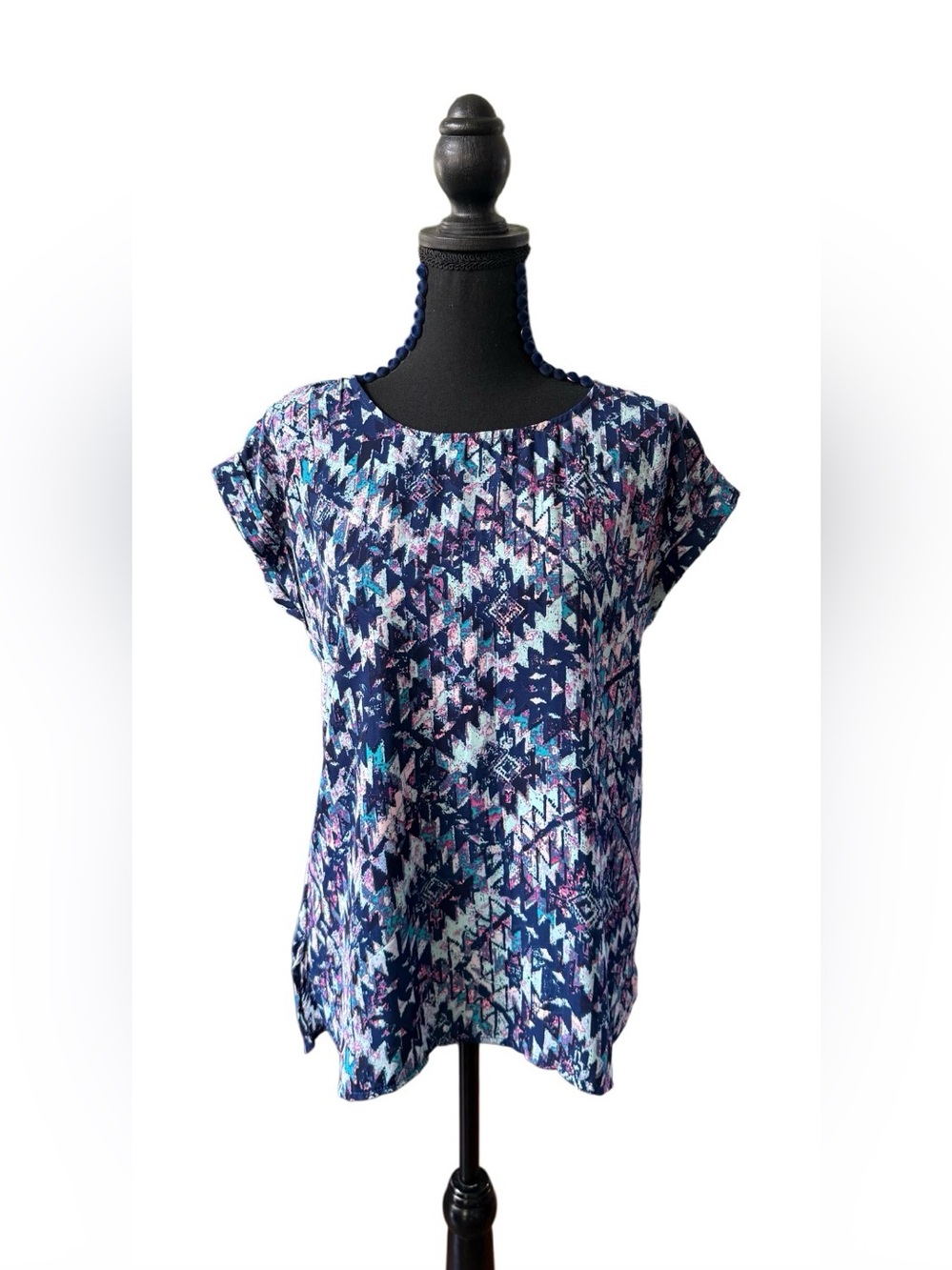 Pink Republic Navy Multicolor Geometric Cuffed Short Sleeve Blouse